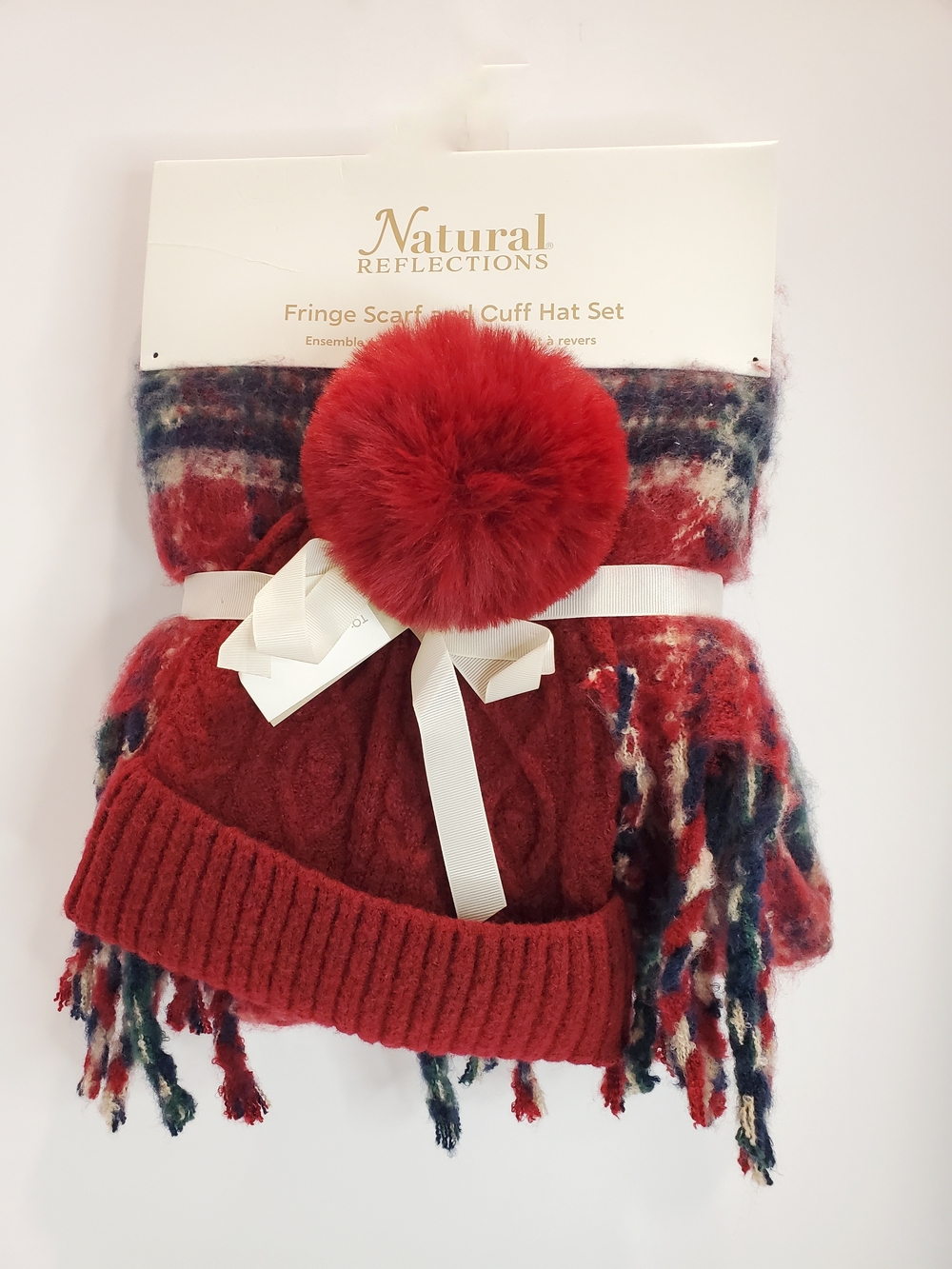 NWT Natural Reflections Red Pom-Pom Cuff Hat and Plaid Fringe Scarf Set